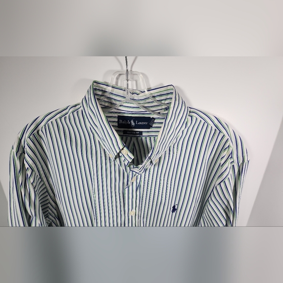 VTG Polo Ralph Lauren Custom Fit Shirt Mens 16 1/2 33/35 Striped Green White Blu - Picture 4 of 13